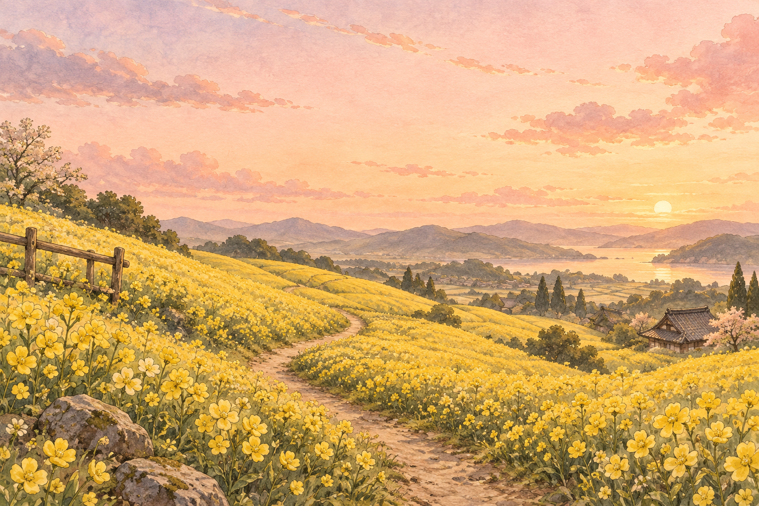 Campo ilustrado de flores amarillas, sendero y colinas al atardecer